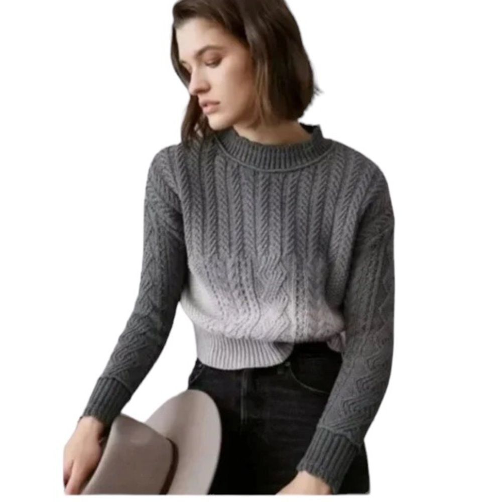 By ANTHROPOLOGIE Grey Sweater Marci Dip Dyed Cable Knit Ombré Boxy Size Small